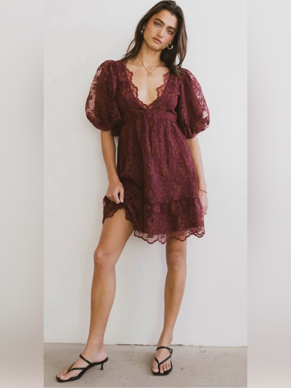 Tiana Embroidered Mini Dress in Red-Brown